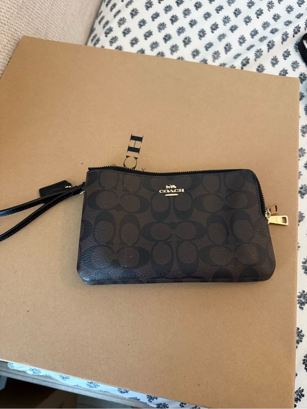 Coach Dark Brown Signature Wristlet with Gold Zip